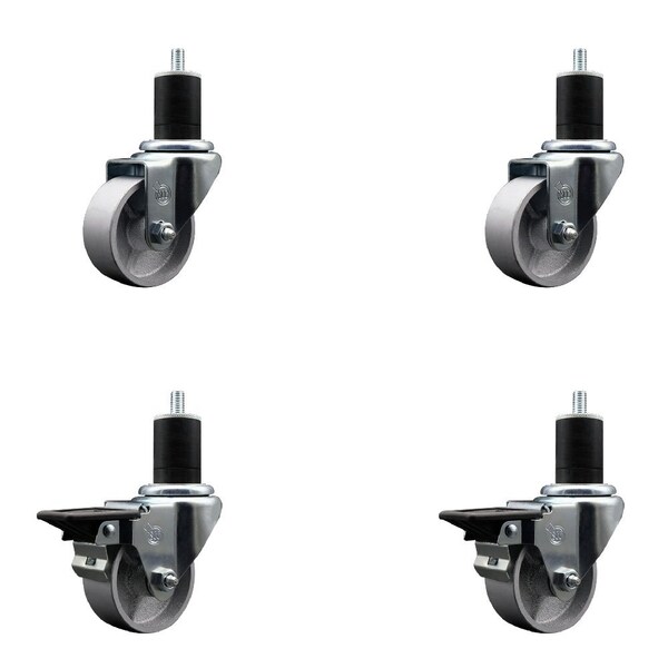 3'' Semi Steel Wheel Swivel 1-3/4'' Expanding Stem Caster Set 2 Brakes, 4PK
